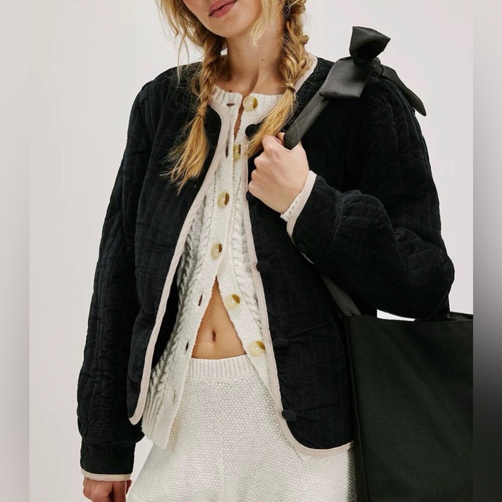 Free People Natalia Black Quilted Velvet Bomber Jacket